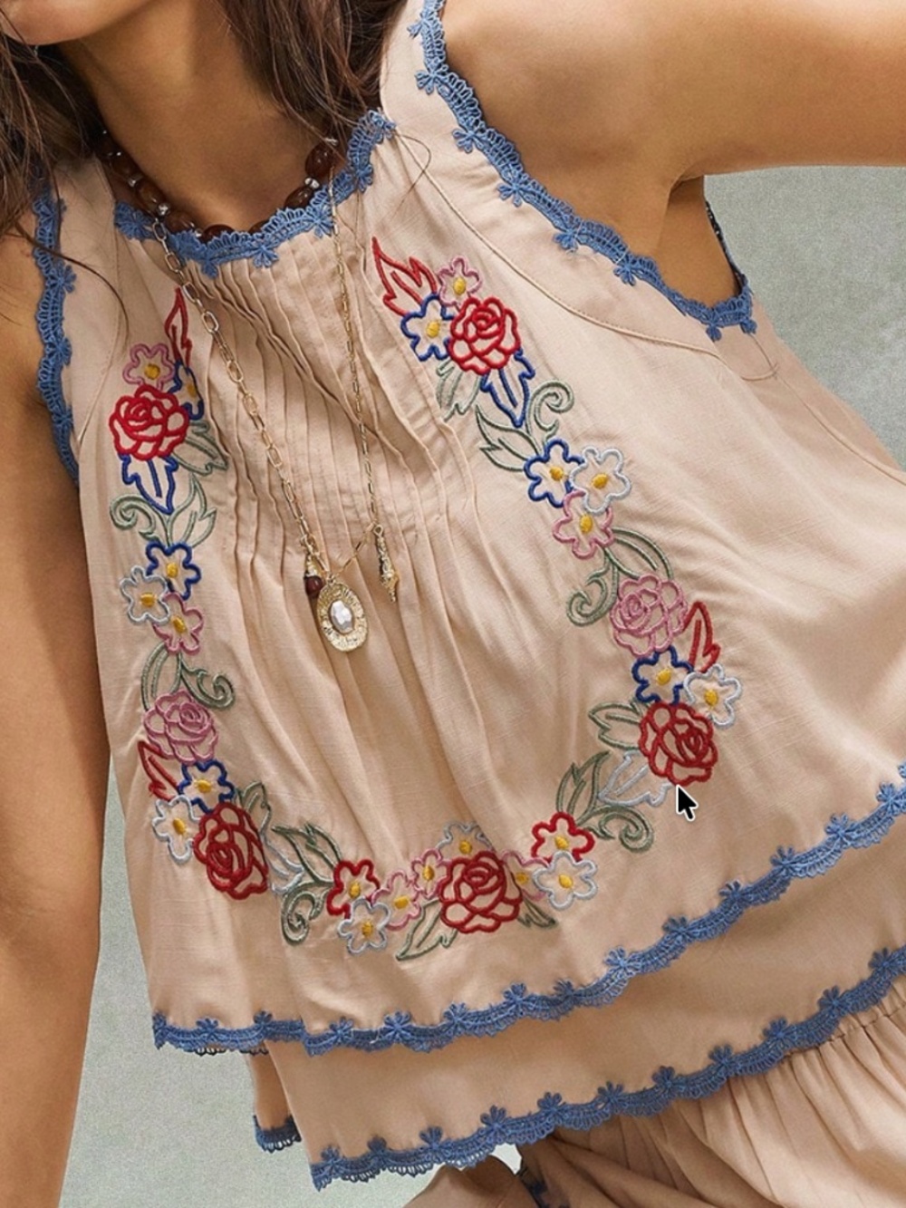 Boho Floral Embroidered Tiered Sleeveless Tank Top - Picture 5 of 6